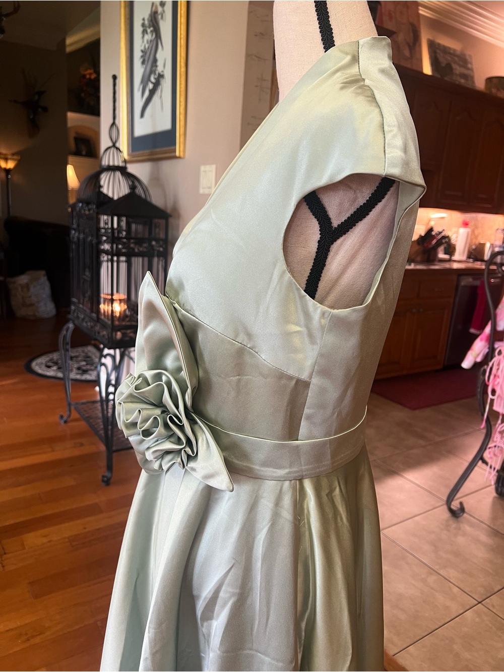 Sage Green Midi Dress with Rose Waist Detail - Picture 10 of 14
